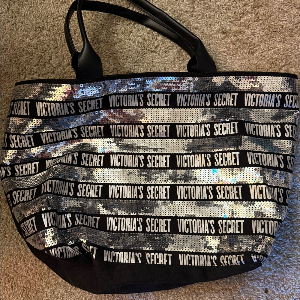 Victoria’s Secret Sequin Tote Bag Black Silver Logo Large